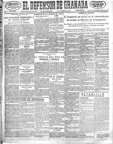 'El Defensor de Granada  : diario político independiente' - Año LVI Número 30201 Ed. Mañana - 1935 Noviembre 20