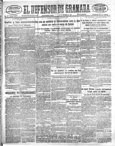 'El Defensor de Granada  : diario político independiente' - Año LVI Número 30202 Ed. Tarde - 1935 Noviembre 20