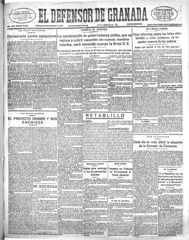 'El Defensor de Granada  : diario político independiente' - Año LVI Número 30213 Ed. Mañana - 1935 Noviembre 27