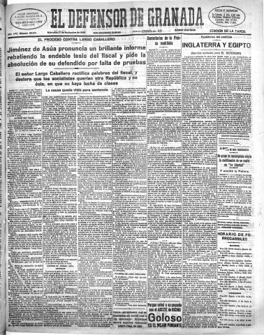 'El Defensor de Granada  : diario político independiente' - Año LVI Número 30214 Ed. Tarde - 1935 Noviembre 27