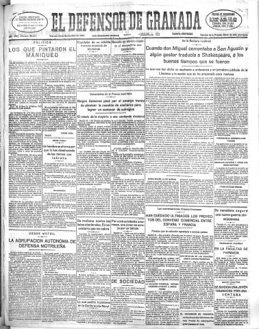 'El Defensor de Granada  : diario político independiente' - Año LVI Número 30217 Ed. Mañana - 1935 Noviembre 29