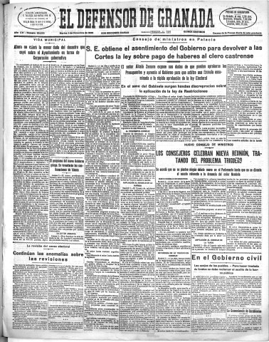 'El Defensor de Granada  : diario político independiente' - Año LVI Número 30223 Ed. Mañana - 1935 Diciembre 03