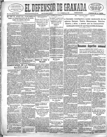 'El Defensor de Granada  : diario político independiente' - Año LVI Número 30224 Ed. Tarde - 1935 Diciembre 03