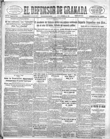 'El Defensor de Granada  : diario político independiente' - Año LVI Número 30226 Ed. Tarde - 1935 Diciembre 04