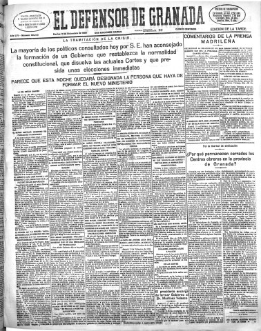 'El Defensor de Granada  : diario político independiente' - Año LVI Número 30235 Ed. Tarde - 1935 Diciembre 10