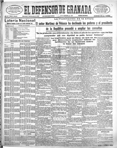 'El Defensor de Granada  : diario político independiente' - Año LVI Número 30237 Ed. Tarde - 1935 Diciembre 11