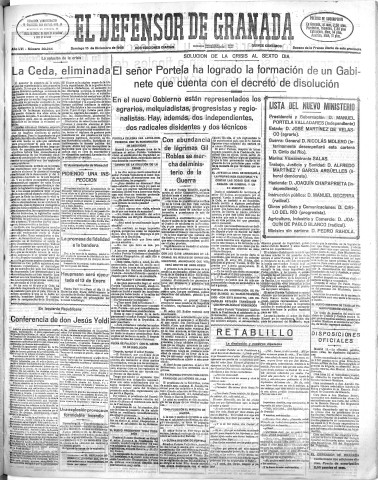'El Defensor de Granada  : diario político independiente' - Año LVI Número 30244 Ed. Mañana - 1935 Diciembre 15