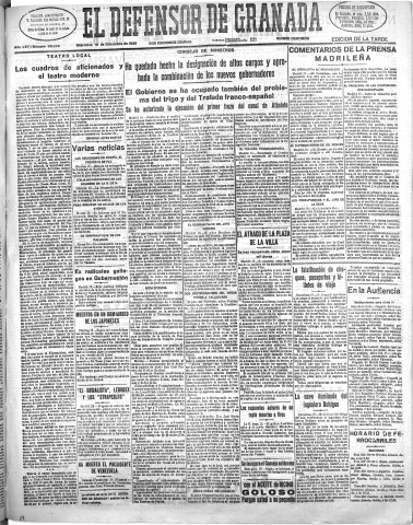 'El Defensor de Granada  : diario político independiente' - Año LVI Número 30249 Ed. Tarde - 1935 Diciembre 18