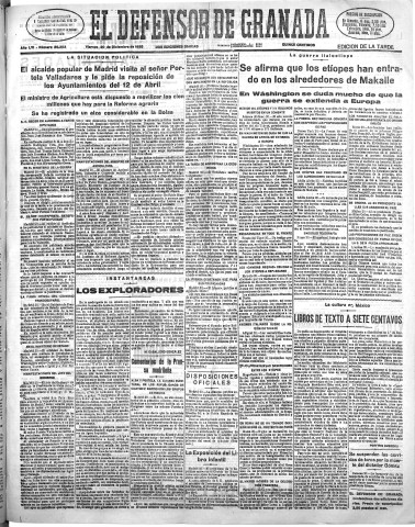 'El Defensor de Granada  : diario político independiente' - Año LVI Número 30253 Ed. Tarde - 1935 Diciembre 20