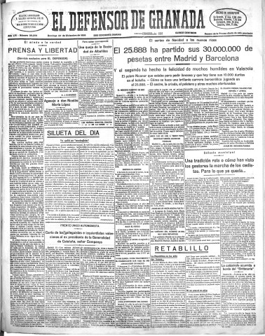 'El Defensor de Granada  : diario político independiente' - Año LVI Número 30256 Ed. Mañana - 1935 Diciembre 22