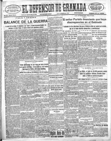 'El Defensor de Granada  : diario político independiente' - Año LVI Número 30263 Ed. Tarde - 1935 Diciembre 27