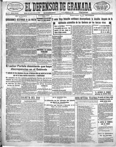 'El Defensor de Granada  : diario político independiente' - Año LVI Número 30264 Ed. Mañana - 1935 Diciembre 28