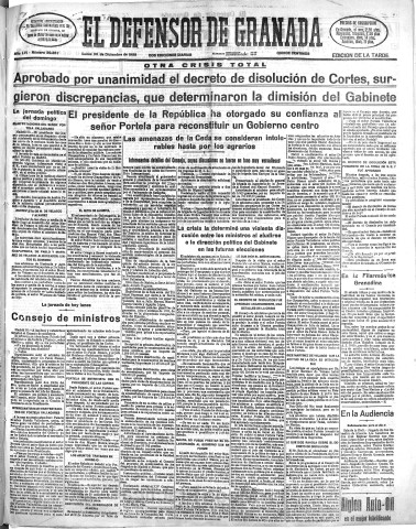 'El Defensor de Granada  : diario político independiente' - Año LVI Número 30267 Ed. Tarde - 1935 Diciembre 30