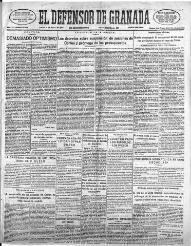 'El Defensor de Granada  : diario político independiente' - Año LVII Número 30274 Ed. Mañana - 1936 Enero 03