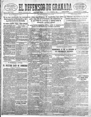 'El Defensor de Granada  : diario político independiente' - Año LVII Número 30283 Ed. Tarde - 1936 Enero 08