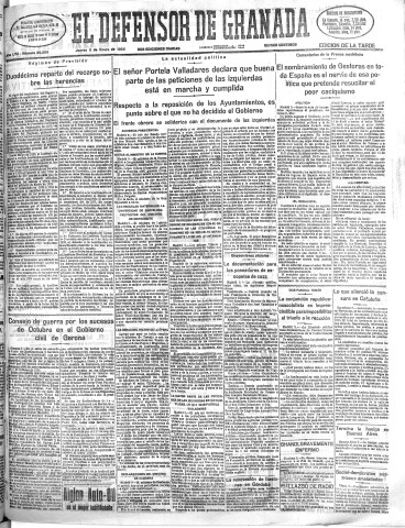 'El Defensor de Granada  : diario político independiente' - Año LVII Número 30285 Ed. Tarde - 1936 Enero 09