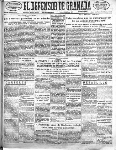 'El Defensor de Granada  : diario político independiente' - Año LVII Número 30306 Ed. Mañana - 1936 Enero 22