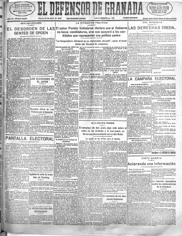 'El Defensor de Granada  : diario político independiente' - Año LVII Número 30308 Ed. Mañana - 1936 Enero 24