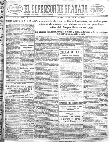 'El Defensor de Granada  : diario político independiente' - Año LVII Número 30412 Ed. Tarde - 1936 Febrero 01