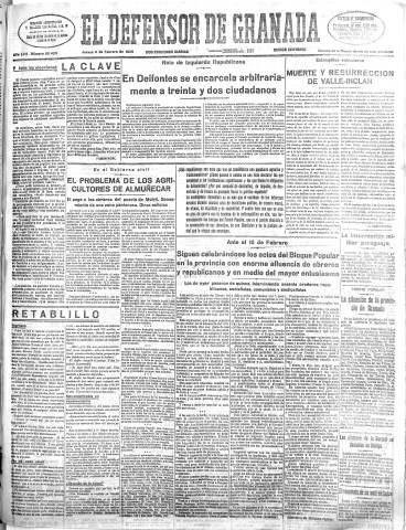 'El Defensor de Granada  : diario político independiente' - Año LVII Número 30420 Ed. Mañana - 1936 Febrero 06