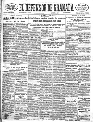 'El Defensor de Granada  : diario político independiente' - Año LVII Número 30423 Ed. Tarde - 1936 Febrero 07