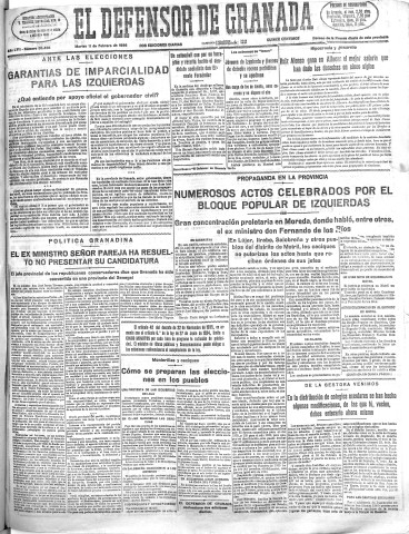 'El Defensor de Granada  : diario político independiente' - Año LVII Número 30428 Ed. Mañana - 1936 Febrero 11
