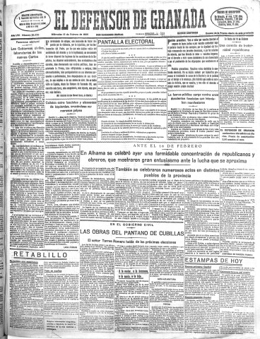 'El Defensor de Granada  : diario político independiente' - Año LVII Número 30430 Ed. Mañana - 1936 Febrero 12