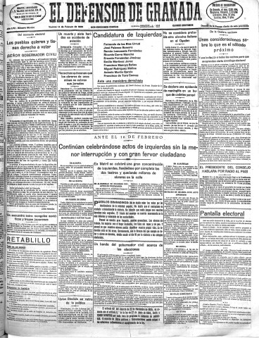 'El Defensor de Granada  : diario político independiente' - Año LVII Número 30434 Ed. Mañana - 1936 Febrero 14