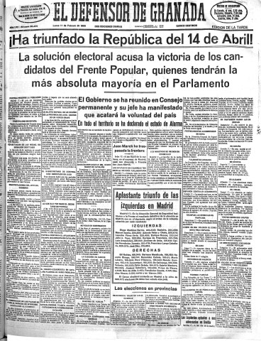 'El Defensor de Granada  : diario político independiente' - Año LVII Número 30439 Ed. Tarde - 1936 Febrero 17