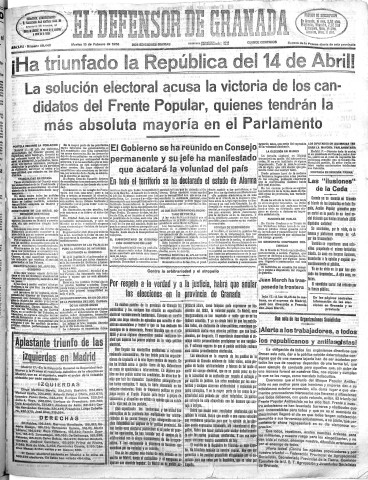 'El Defensor de Granada  : diario político independiente' - Año LVII Número 30440 Ed. Mañana - 1936 Febrero 18