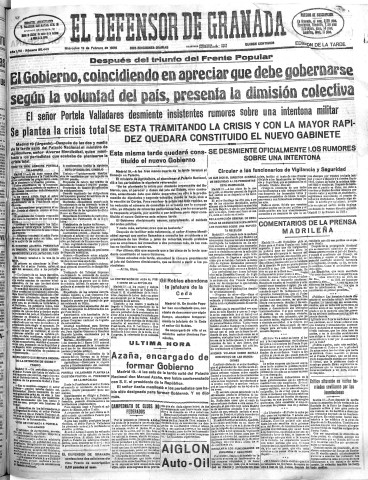 'El Defensor de Granada  : diario político independiente' - Año LVII Número 30443 Ed. Tarde - 1936 Febrero 19