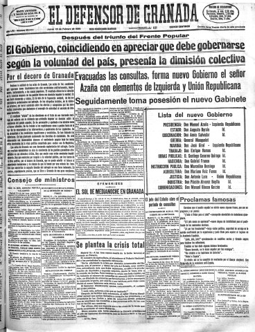 'El Defensor de Granada  : diario político independiente' - Año LVII Número 30444 Ed. Mañana - 1936 Febrero 20