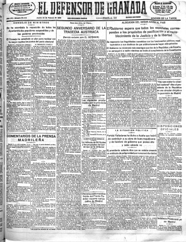 'El Defensor de Granada  : diario político independiente' - Año LVII Número 30445 Ed. Tarde - 1936 Febrero 20