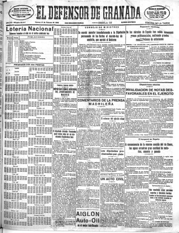 'El Defensor de Granada  : diario político independiente' - Año LVII Número 30447 Ed. Tarde - 1936 Febrero 21