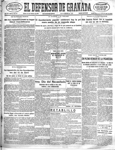'El Defensor de Granada  : diario político independiente' - Año LVII Número 30448 Ed. Mañana - 1936 Febrero 22