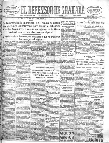 'El Defensor de Granada  : diario político independiente' - Año LVII Número 30449 Ed. Tarde - 1936 Febrero 22