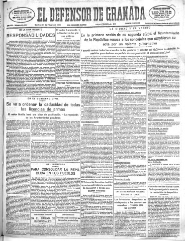 'El Defensor de Granada  : diario político independiente' - Año LVII Número 30450 Ed. Mañana - 1936 Febrero 23