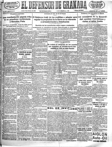 'El Defensor de Granada  : diario político independiente' - Año LVII Número 30451 Ed. Tarde - 1936 Febrero 24