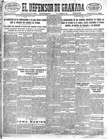 'El Defensor de Granada  : diario político independiente' - Año LVII Número 30455 Ed. Tarde - 1936 Febrero 26