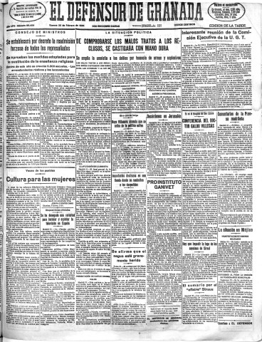 'El Defensor de Granada  : diario político independiente' - Año LVII Número 30459 Ed. Tarde - 1936 Febrero 28
