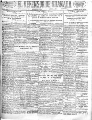 'El Defensor de Granada  : diario político independiente' - Año LVII Número 30473 Ed. Tarde - 1936 Marzo 07