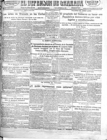 'El Defensor de Granada  : diario político independiente' - Año LVII Número 30491 Ed. Mañana - 1936 Marzo 20