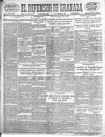'El Defensor de Granada  : diario político independiente' - Año LVII Número 30498 Ed. Tarde - 1936 Marzo 24