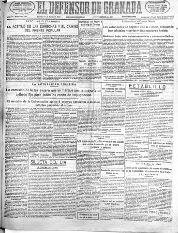 'El Defensor de Granada  : diario político independiente' - Año LVII Número 30503 Ed. Mañana - 1936 Marzo 27