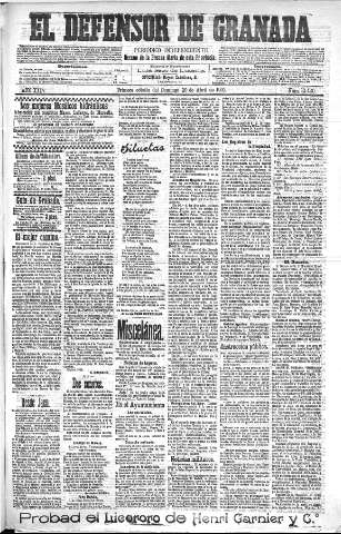 'El Defensor de Granada  : diario político independiente' - Año XXIV Número 12420  - 1902 Abril 20