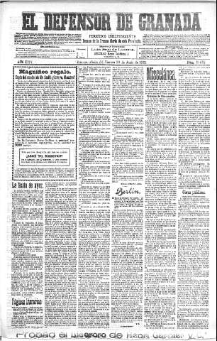 'El Defensor de Granada  : diario político independiente' - Año XXIV Número 12472  - 1902 Junio 20
