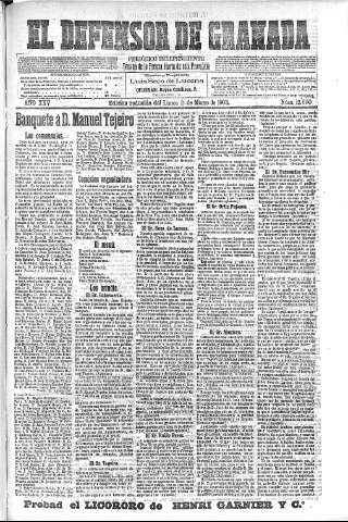 'El Defensor de Granada  : diario político independiente' - Año XXV Número 12890  - 1903 Marzo 02