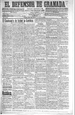 'El Defensor de Granada  : diario político independiente' - Año XXVI Número 13188  - 1904 Abril 07