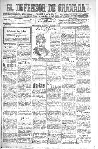 'El Defensor de Granada  : diario político independiente' - Año XXVI Número 13190  - 1904 Abril 09