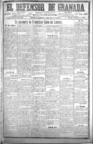'El Defensor de Granada  : diario político independiente' - Año XXVI Número 13366  - 1904 Octubre 07